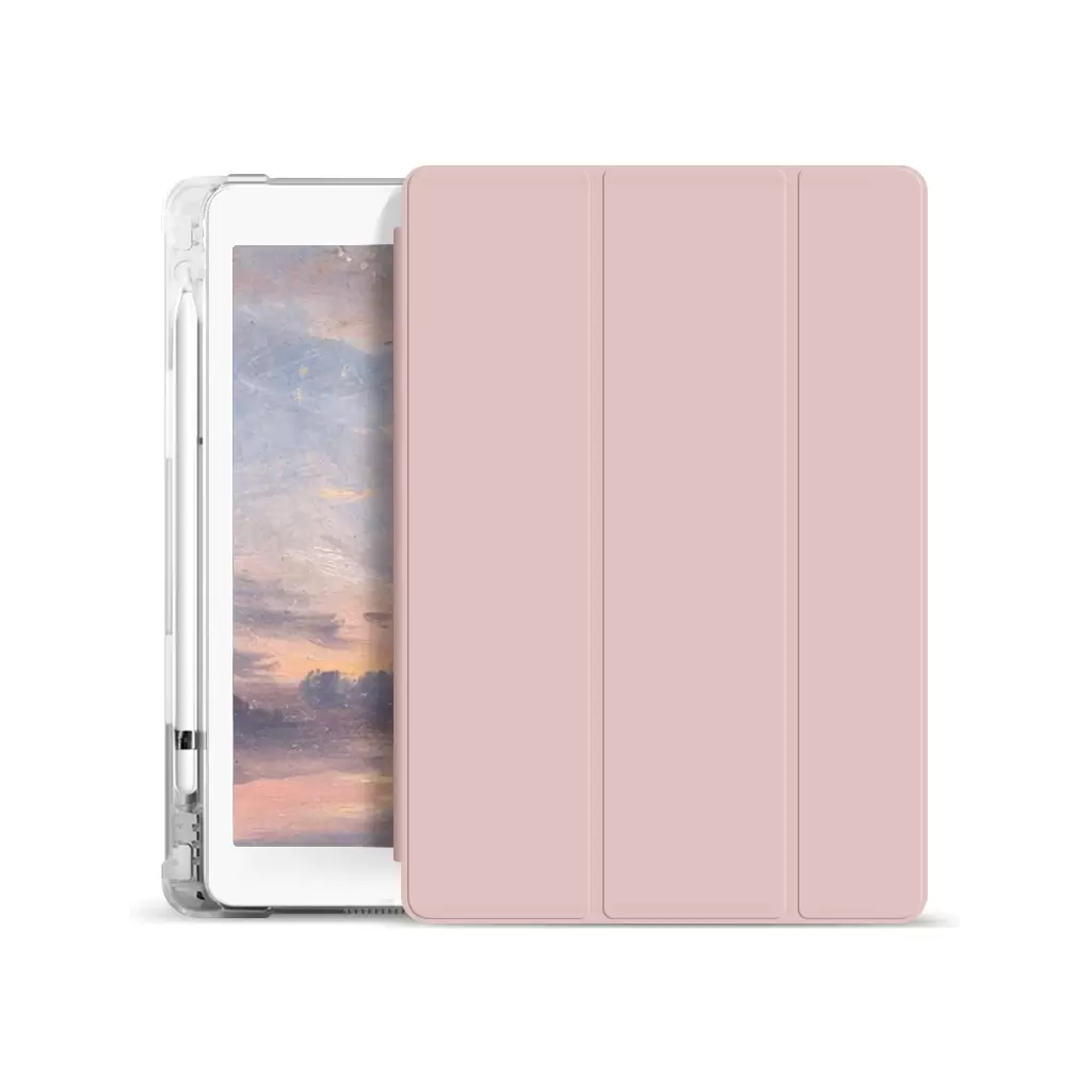 XPRO™ Smart Book tok pencil tartóval és teljesen átlátszó szilikon hátlappal pink Apple Ipad 9,7″ 2017 készülékhez