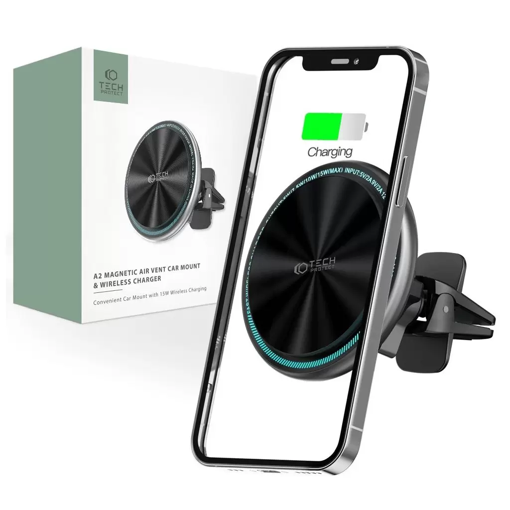 Tech-Protect A2 Fekete Autós tartó szellőzőrácsba QC Magsafe 15W töltéssel, 926730