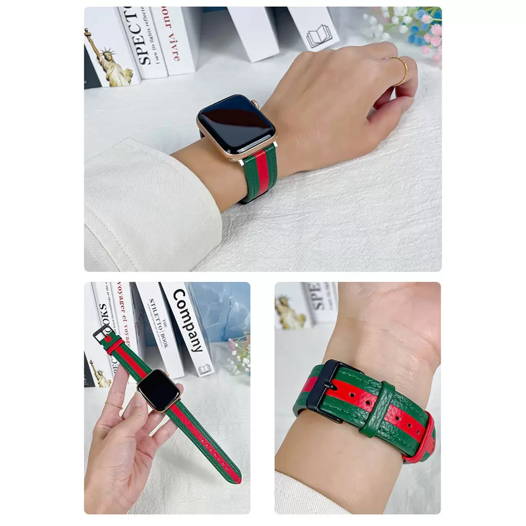 XPRO™ Apple Watch bőr szíj Sötétzöld / Piros Apple Watch 42mm (S1-S3) / 44mm / 45mm / 46mm / 49mm készülékhez