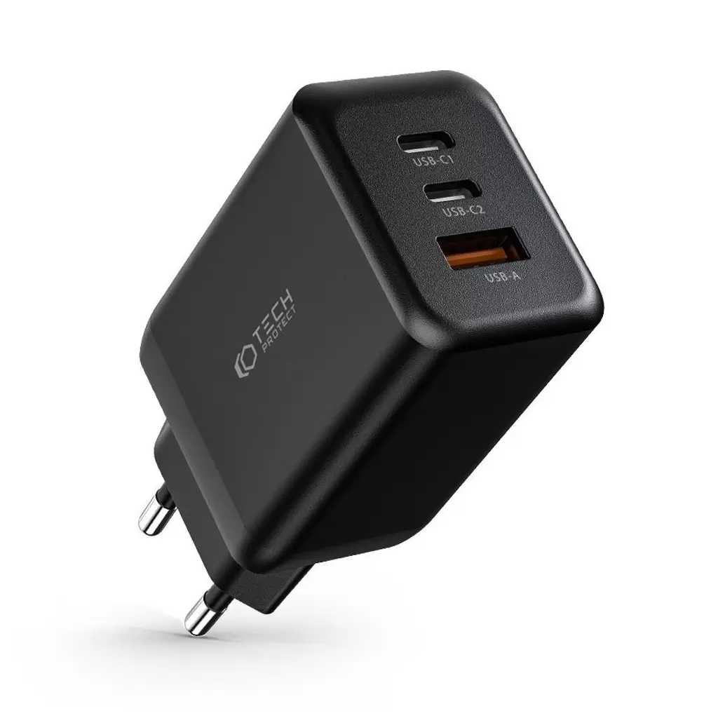 Tech-Protect PD65W / QC3.0 Hálózati Töltő adapter 1*USB-A, 2*USB-C fekete 934524