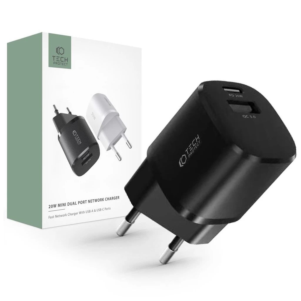 Tech-Protect C20W Mini Hálózati Töltő adapter PD 20W / QC3.0 fekete