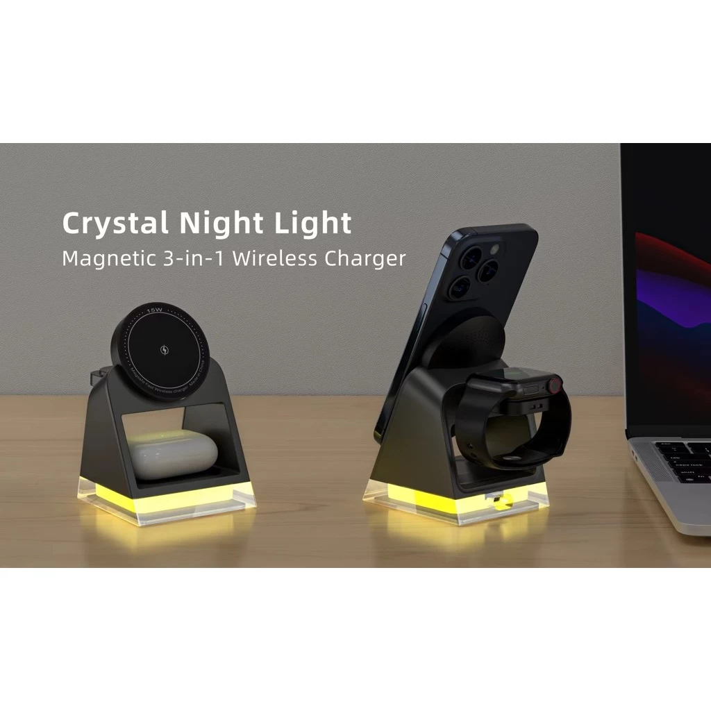 3in1 QI magnetic Crystal light charger 15W Black