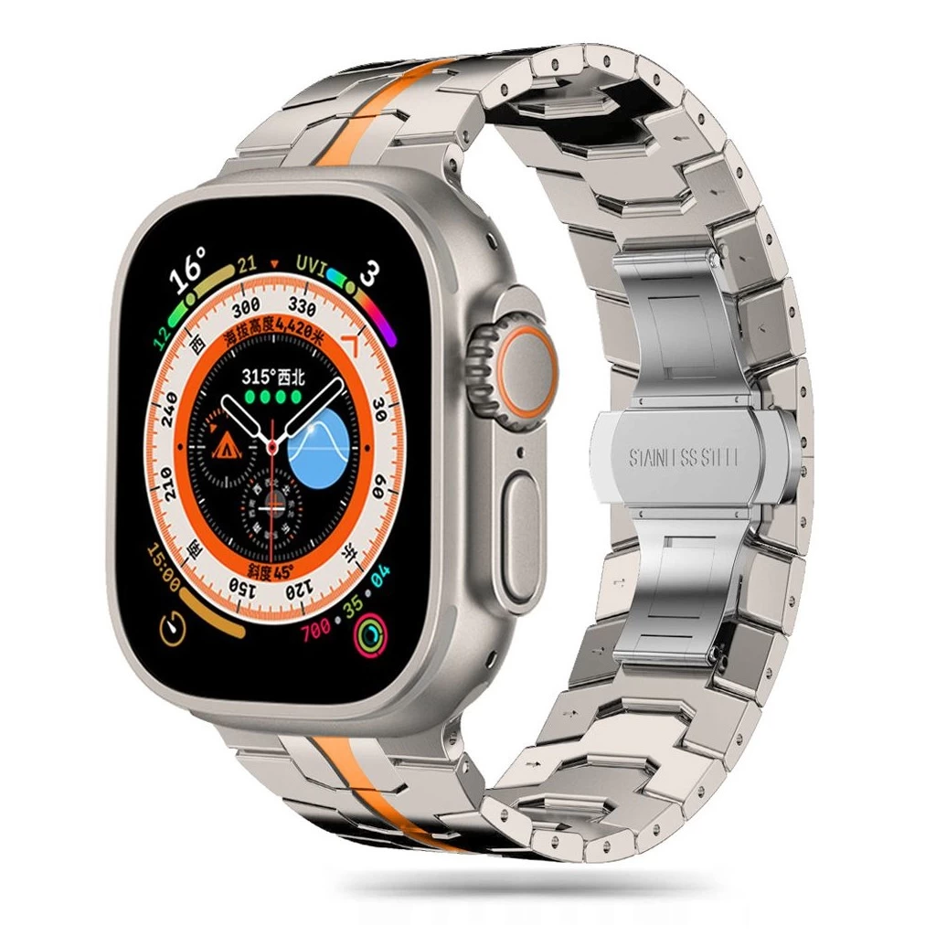 Tech-Protect STAINLESS LINE rozsdamentes acél óraszíj Titán / Narancs, Apple Watch 42mm (S1-S3) / 44mm / 45mm / 46mm / 49mm készülékhez
