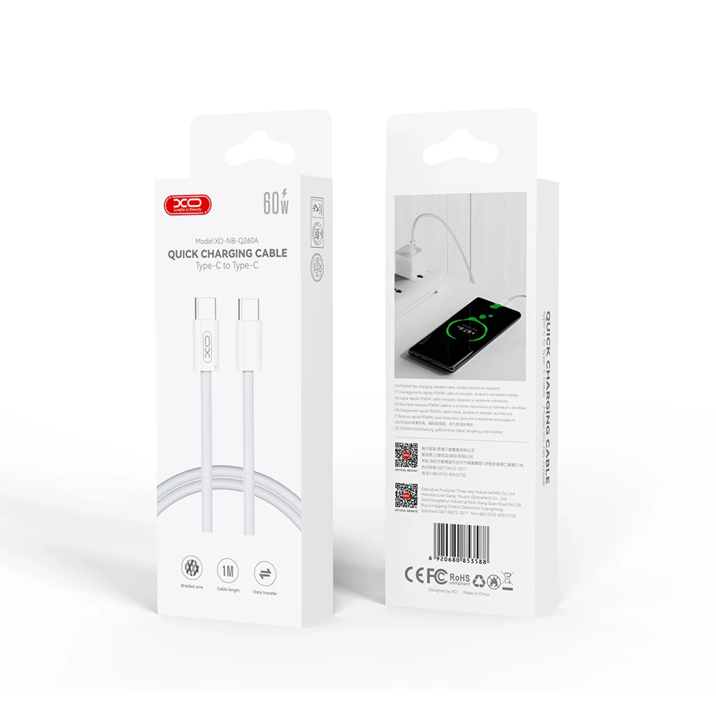 XO kábel NB-Q260A PD USB-C – USB-C 1m fehér 60W