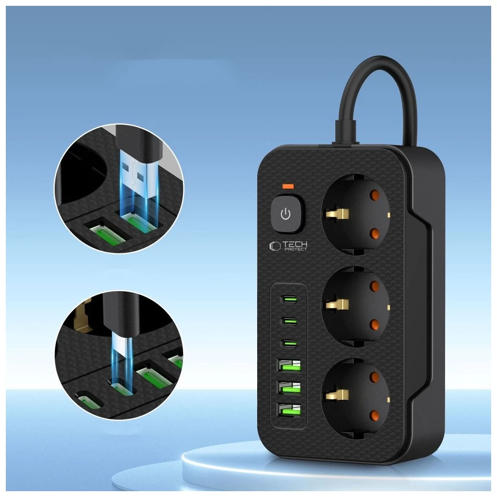 Tech-Protect Power Socket elosztó 3*USB-C+3*USB-A 2M fekete