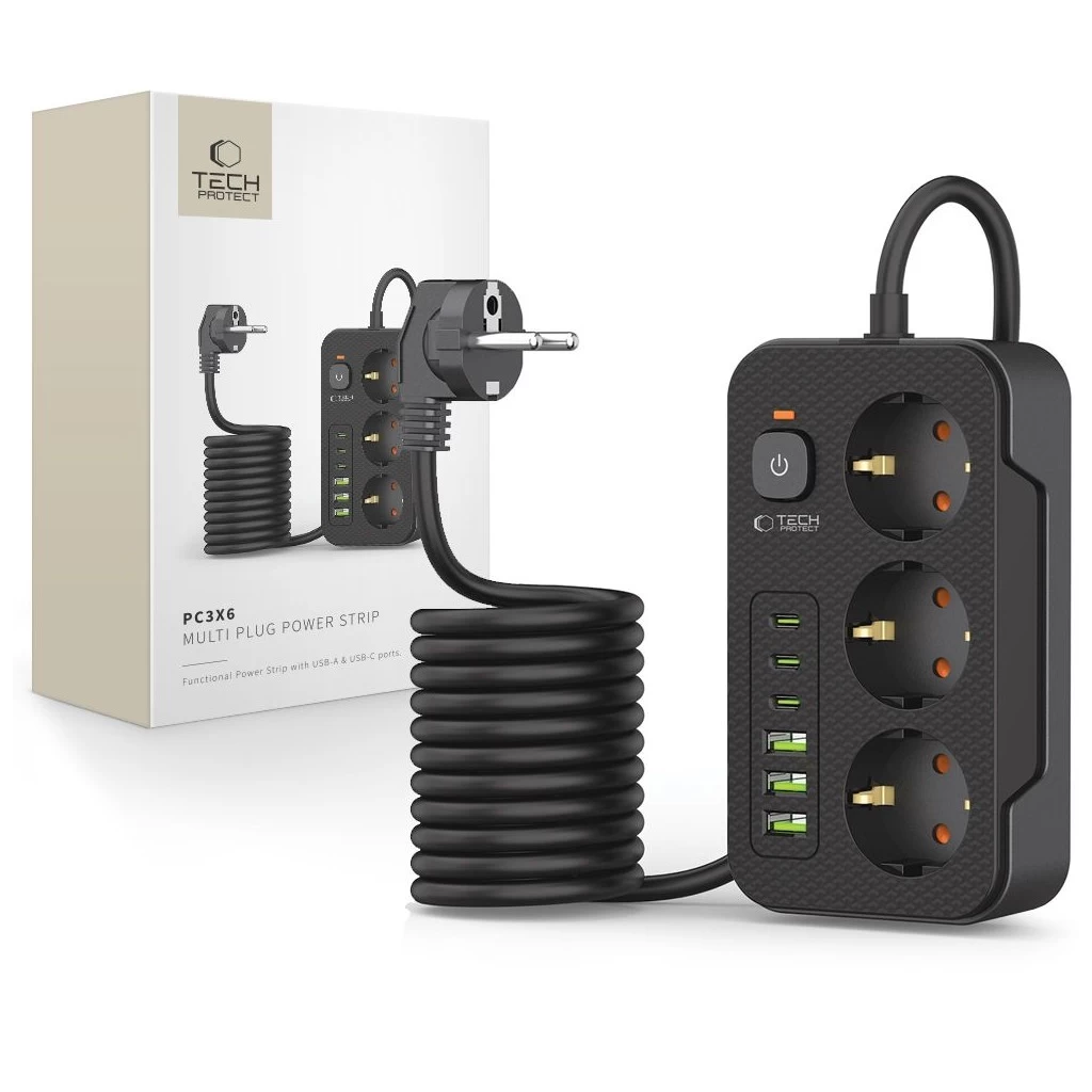 Tech-Protect Power Socket elosztó 3*USB-C+3*USB-A 2M fekete
