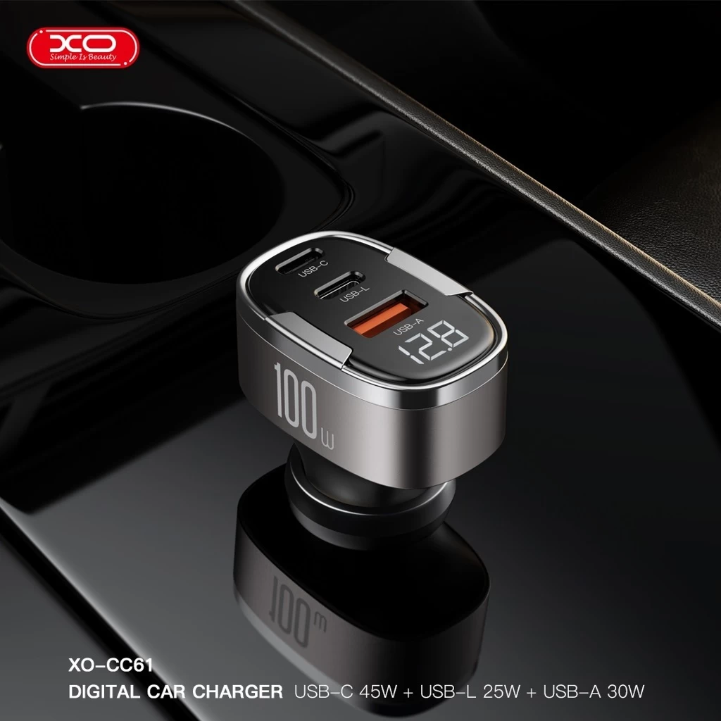 XO CC61 Szürke Autós Töltő 100W PD QC 3.0 – 1db USB-C + 1db USB-A + 1db Lightning foglalattal