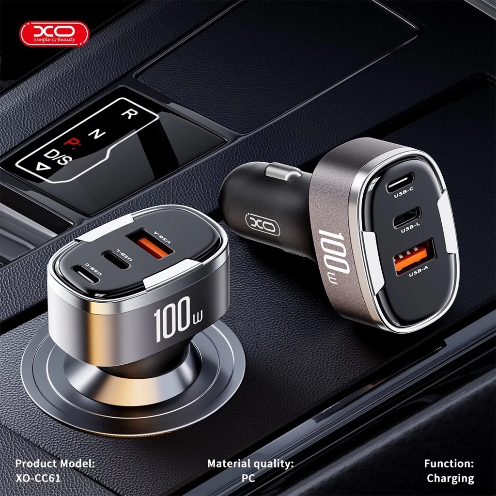 XO CC61 Szürke Autós Töltő 100W PD QC 3.0 – 1db USB-C + 1db USB-A + 1db Lightning foglalattal