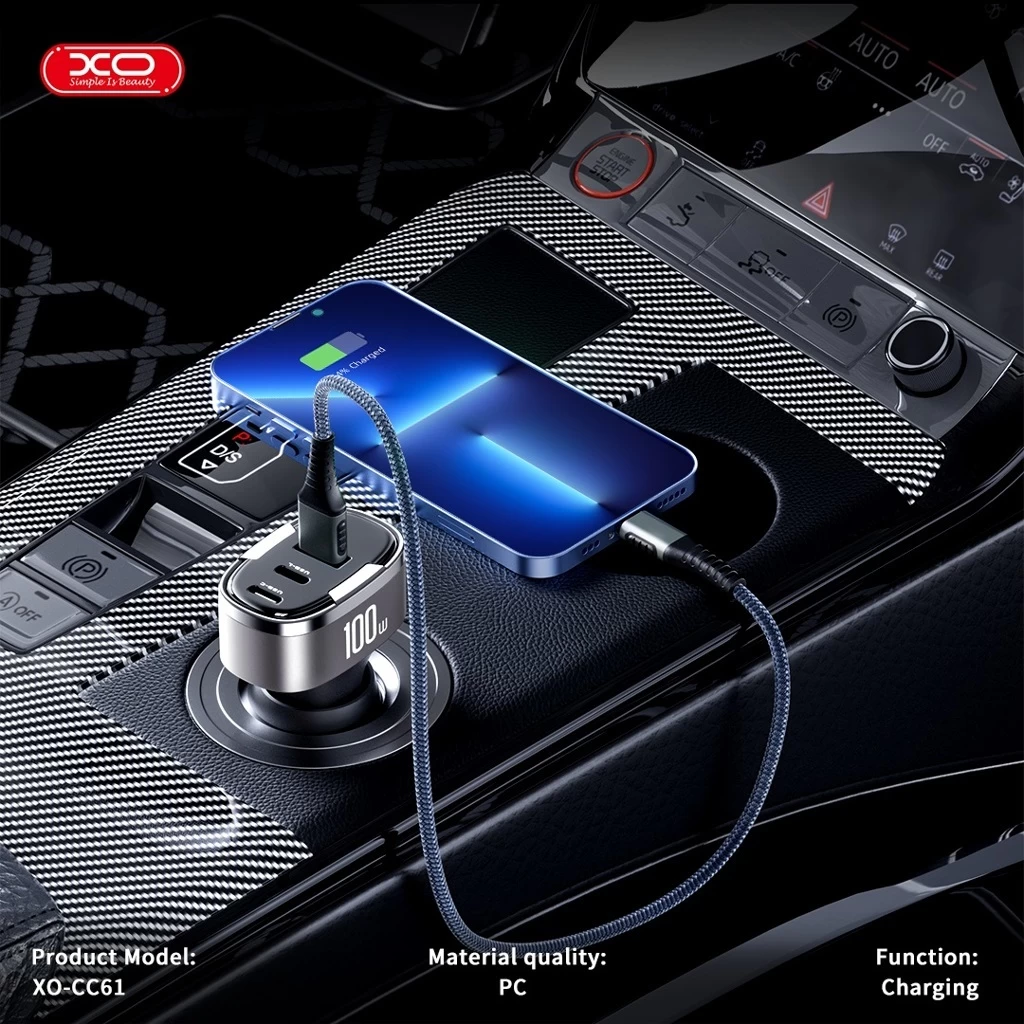 XO CC61 Szürke Autós Töltő 100W PD QC 3.0 – 1db USB-C + 1db USB-A + 1db Lightning foglalattal