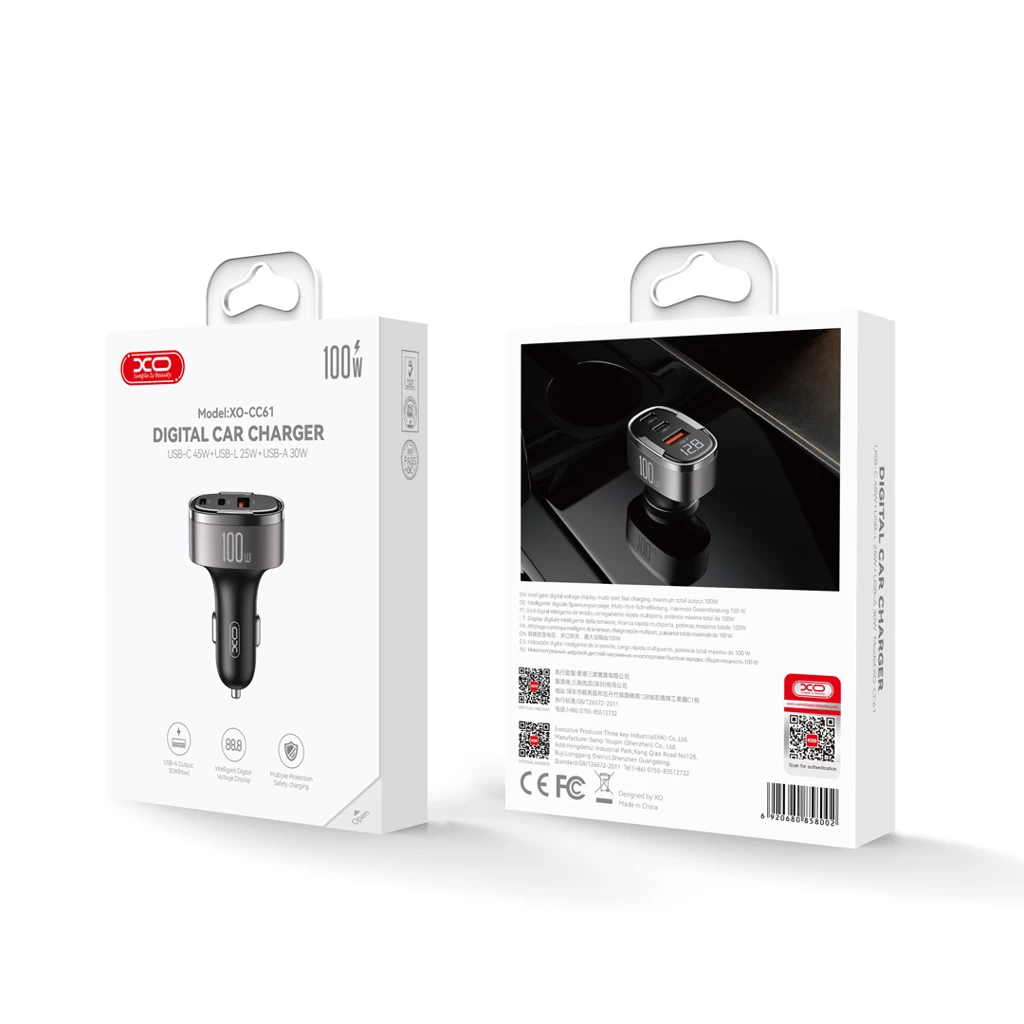 XO CC61 Szürke Autós Töltő 100W PD QC 3.0 – 1db USB-C + 1db USB-A + 1db Lightning foglalattal