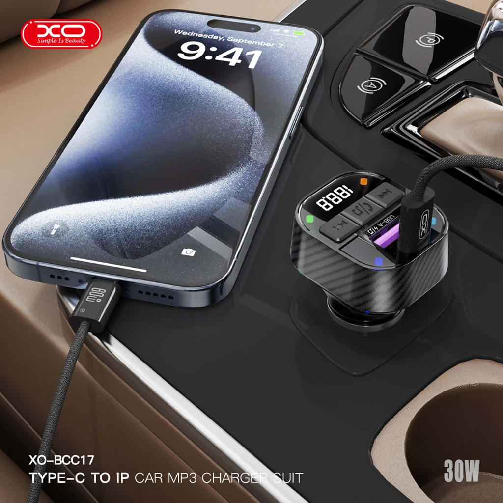 XO BCC17 FM Transzmitter Autós Töltő 30W, USB-C/USB-C kábellel a csomagban
