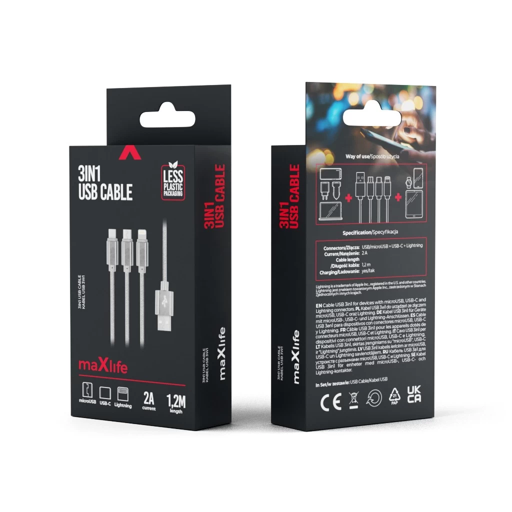 Maxlife 3in1 töltőkábel USB to Micro USB / Type-c / Lightning 1M 2,1A szürke