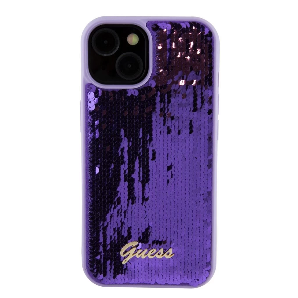 Guess Sequin Script Logo tok iPhone 15 Plus készülékhez lila