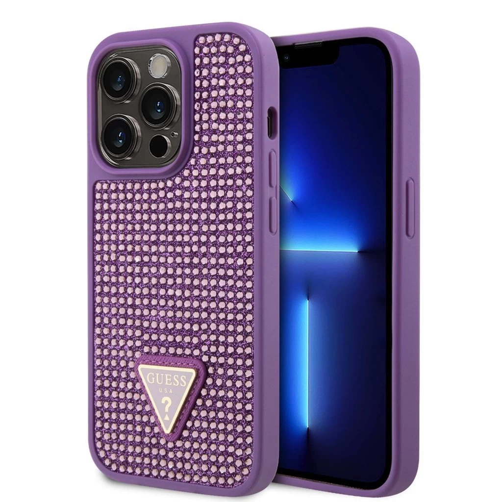 Guess Rhinestones Triangle Metal Logo tok iPhone 15 Pro készülékhez lila