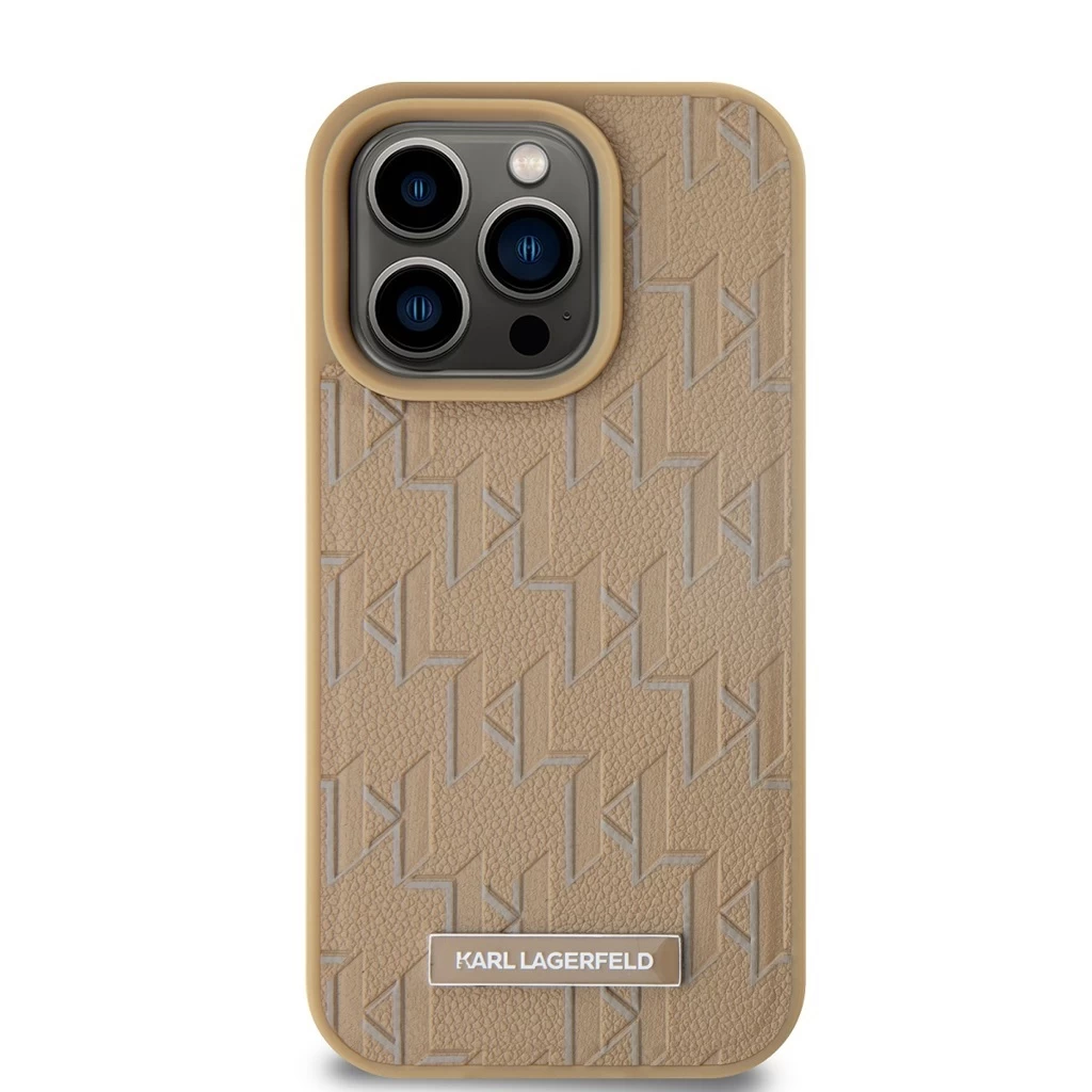 Karl Lagerfeld PU bőr Monogram Metal Logo MagSafe tok iPhone 15 Pro készülékhez bézs