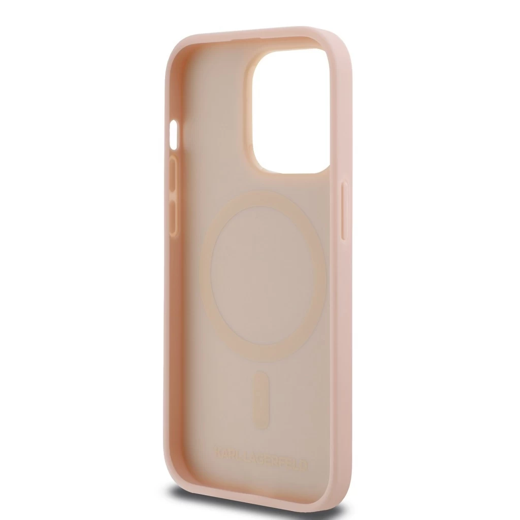 Karl Lagerfeld PU bőr Monogram Metal Logo MagSafe tok iPhone 14 Pro Max készülékhez rózsaszín