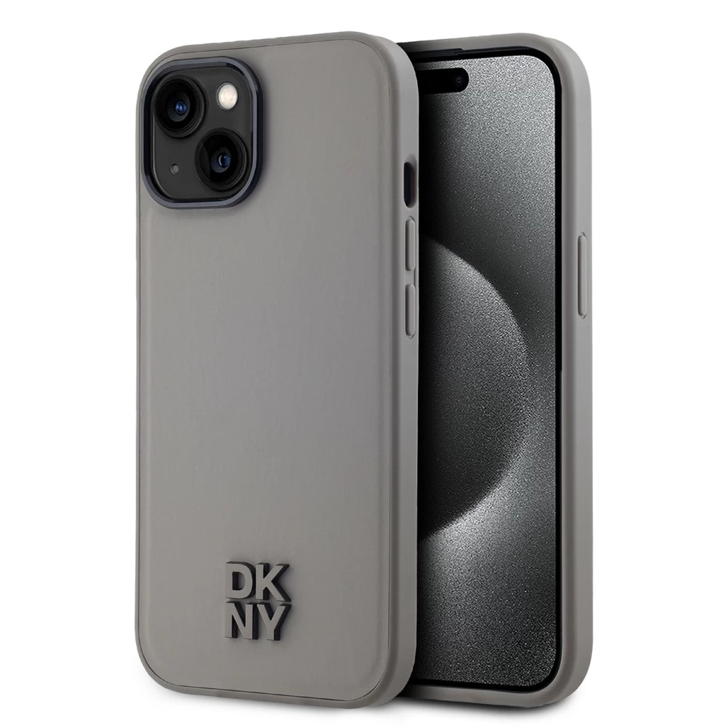DKNY PU bőr Stack Logo MagSafe tok iPhone 15 készülékhez szürke