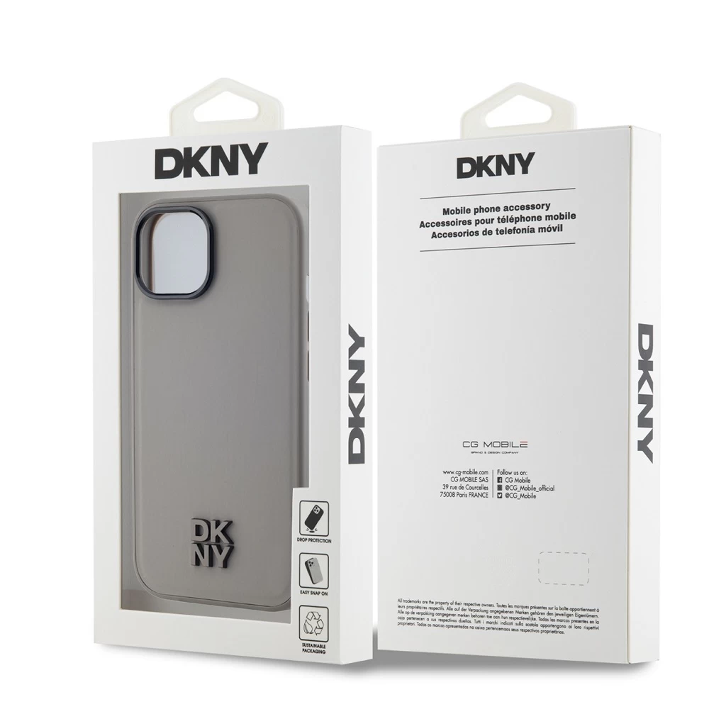 DKNY PU bőr Stack Logo MagSafe tok iPhone 15 készülékhez szürke