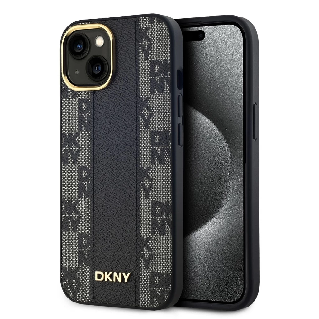 DKNY PU Leather Checkered Pattern Magsafe tok iPhone 15 készülékhez fekete