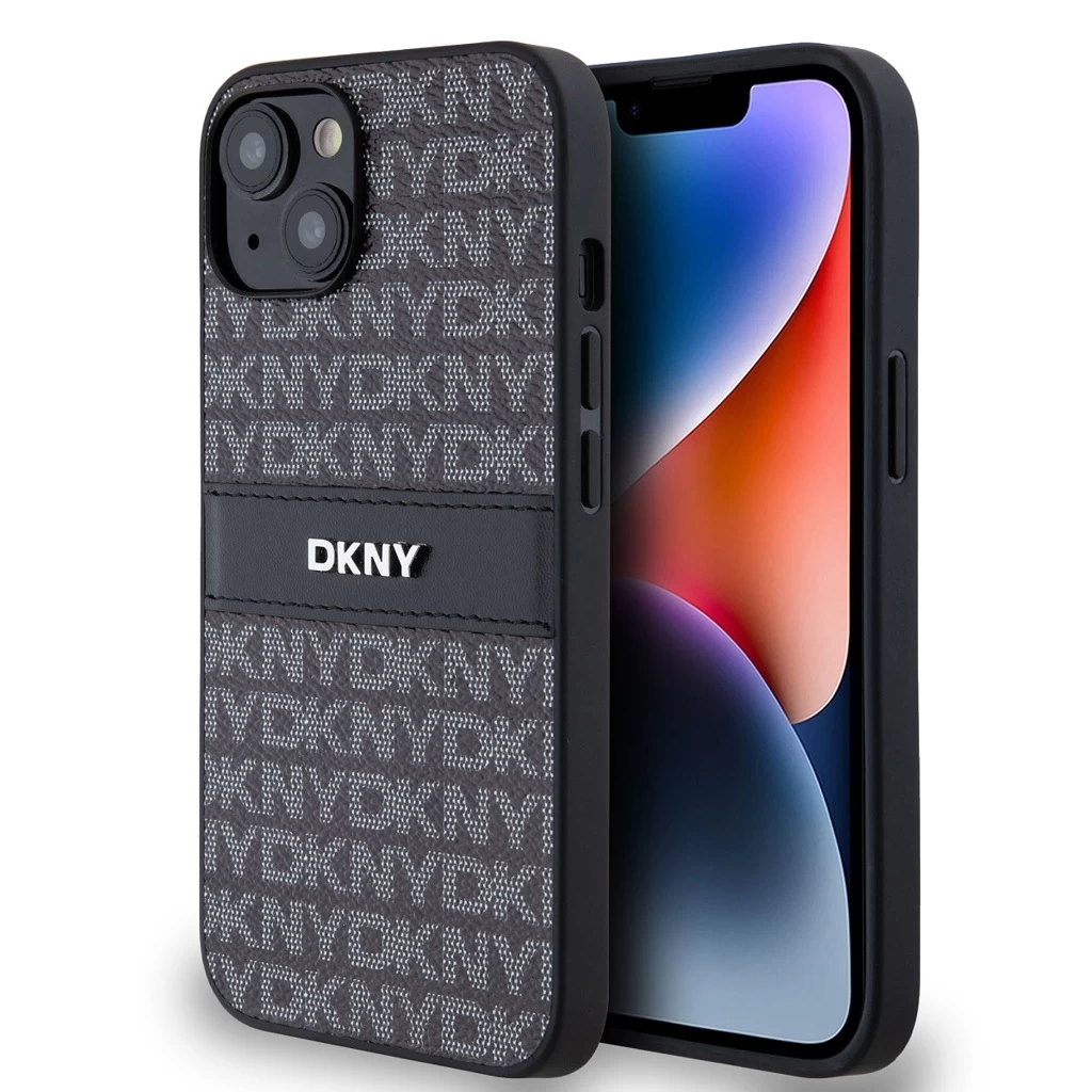 DKNY PU Leather Repeat Pattern Tonal Stripe tok iPhone 14 készülékhez fekete