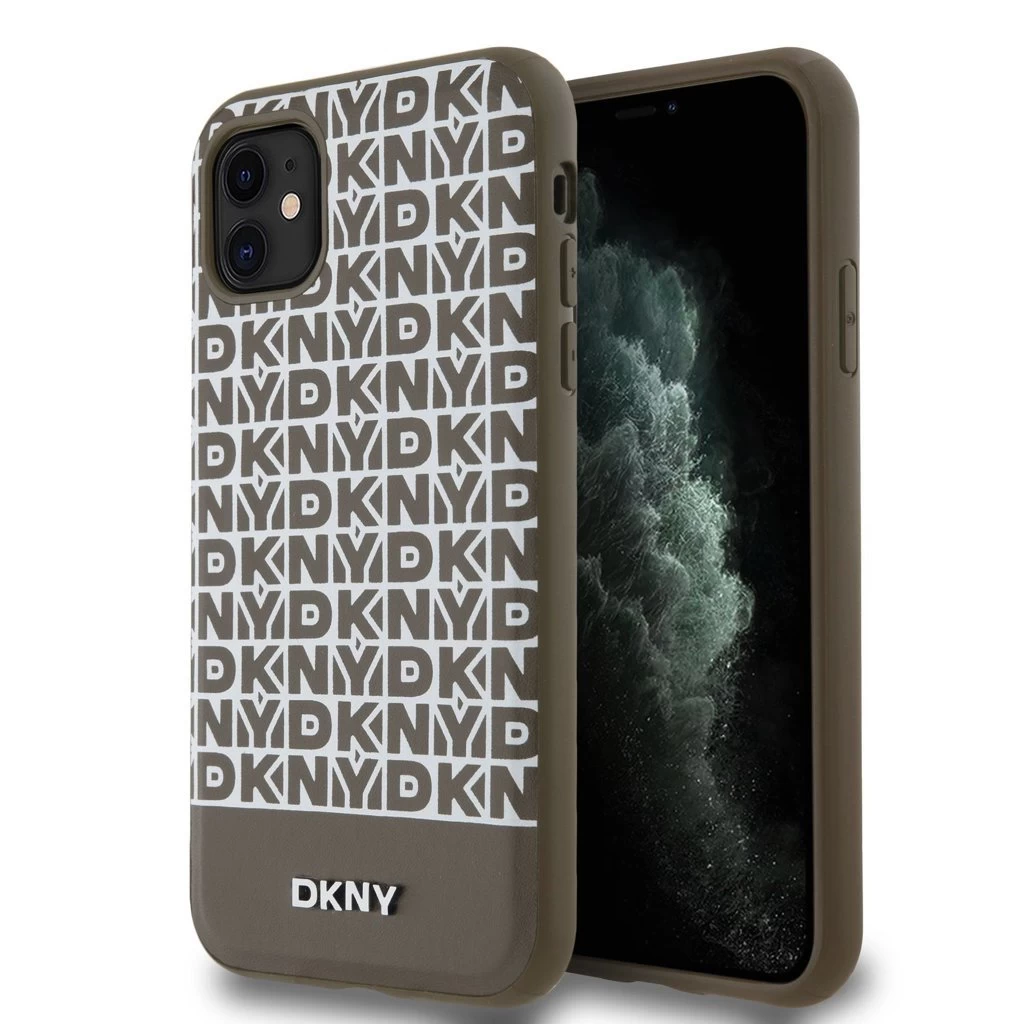 DKNY PU bőr Repeat Pattern Bottom Stripe MagSafe tok iPhone 11 készülékhez barna