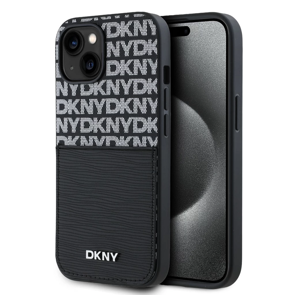 DKNY PU bőr Repeat Pattern kártyatartós tok iPhone 14 készülékhez fekete