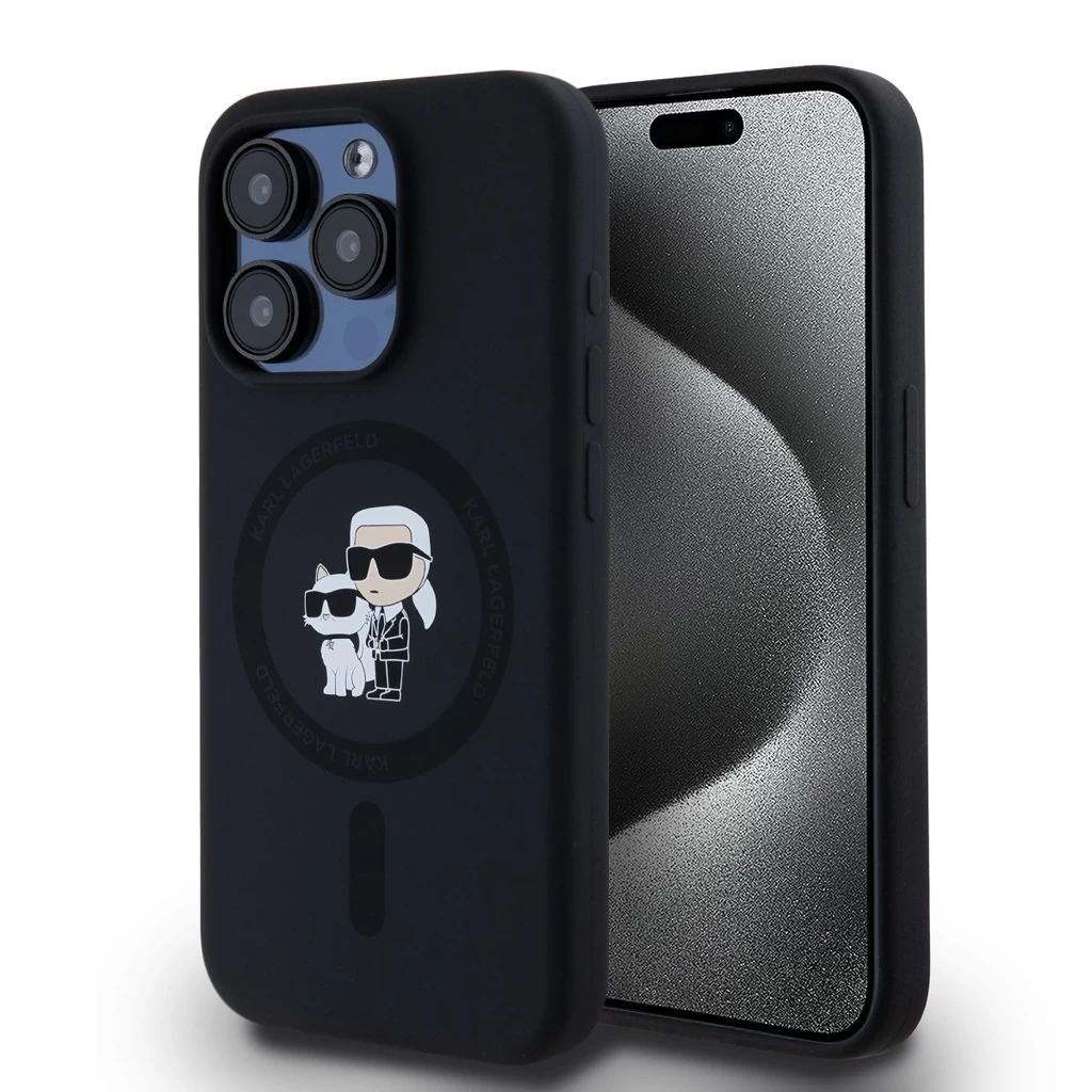 Karl Lagerfeld Liquid Silicone Karl and Choupette MagSafe tok iPhone 15 Pro készülékhez fekete