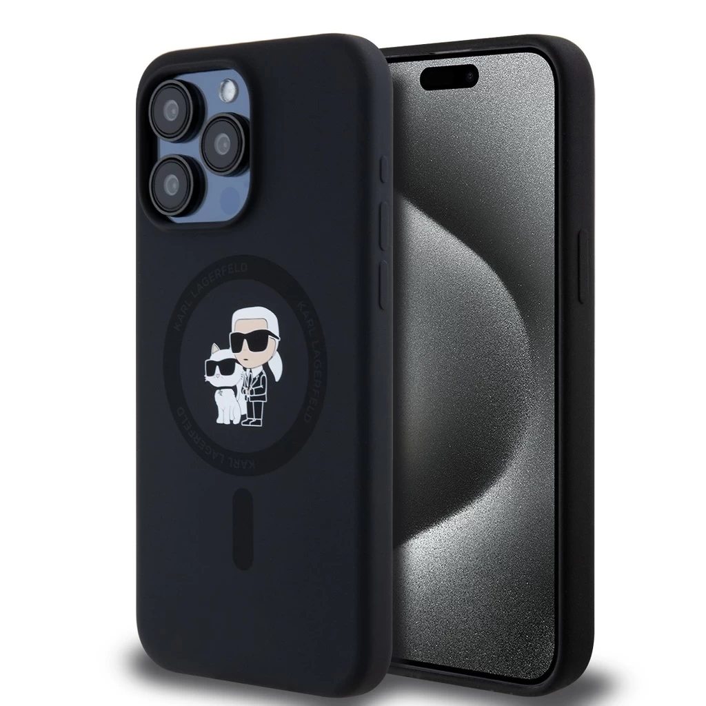 Karl Lagerfeld Liquid Silicone Karl and Choupette MagSafe tok iPhone 15 Pro Max készülékhez fekete