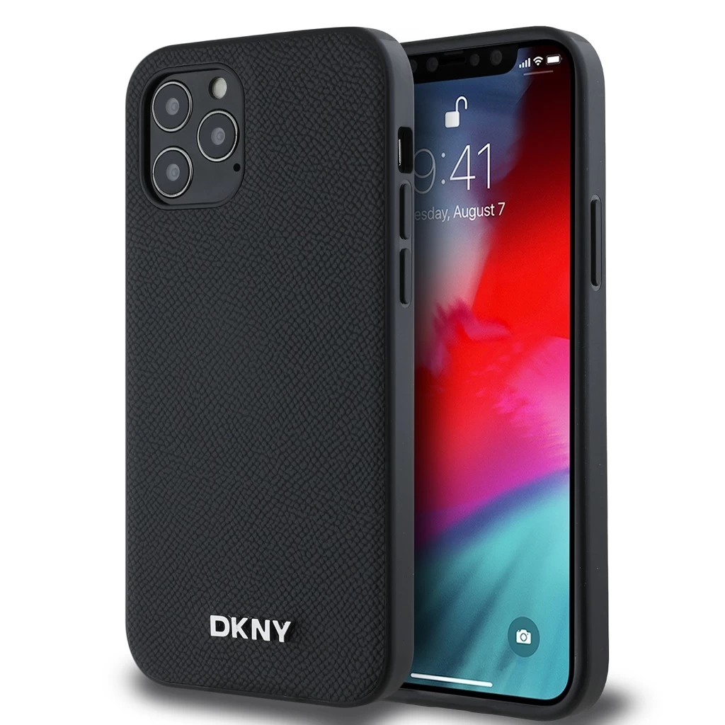 DKNY PU bőr Silver Metal Logo Magsafe tok iPhone 12/12 Pro készülékhez fekete