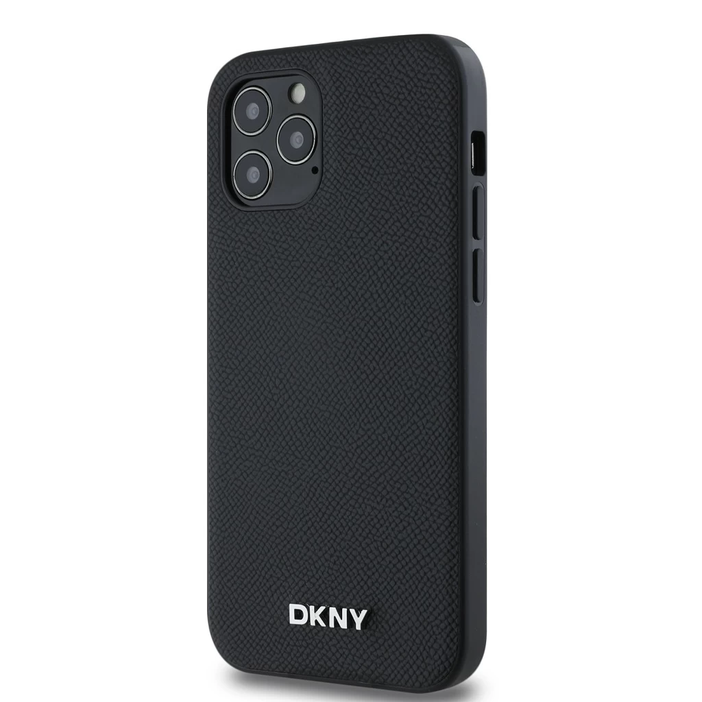 DKNY PU bőr Silver Metal Logo Magsafe tok iPhone 12/12 Pro készülékhez fekete
