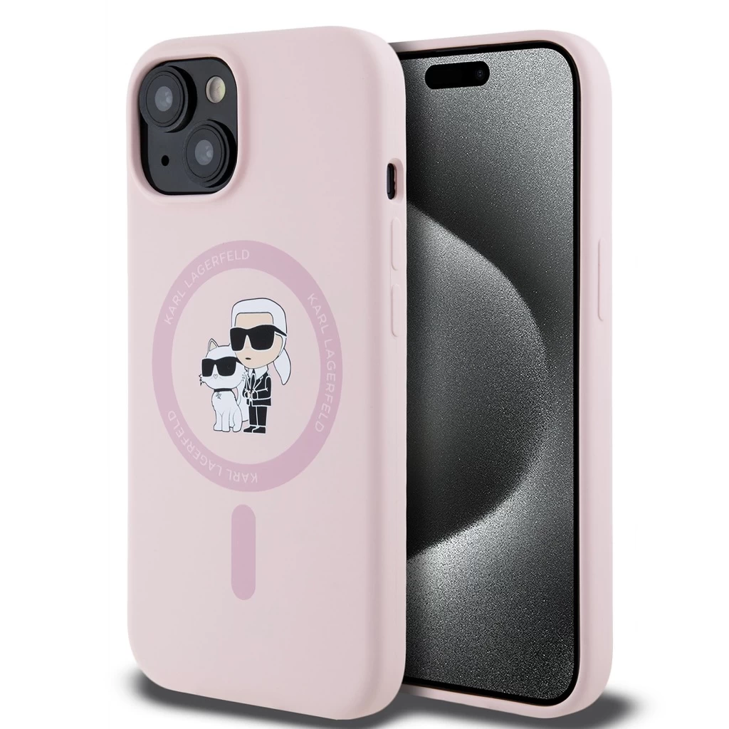 Karl Lagerfeld Liquid Silicone Karl and Choupette MagSafe tok iPhone 15 készülékhez rózsaszín