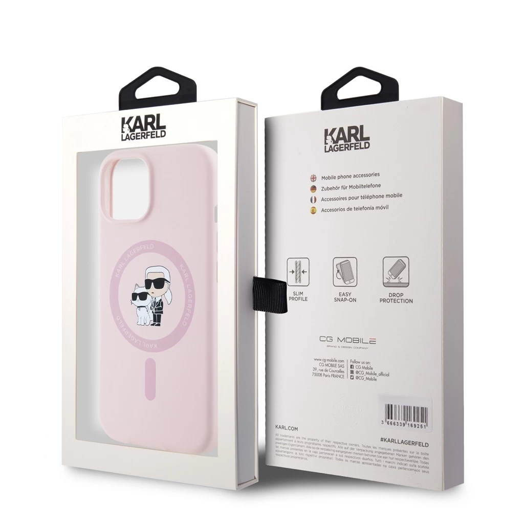 Karl Lagerfeld Liquid Silicone Karl and Choupette MagSafe tok iPhone 15 készülékhez rózsaszín