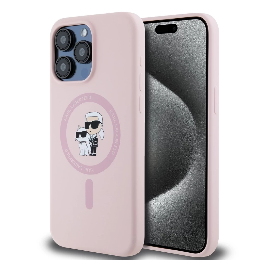 Karl Lagerfeld Liquid Silicone Karl and Choupette MagSafe tok iPhone 15 Pro készülékhez rózsaszín