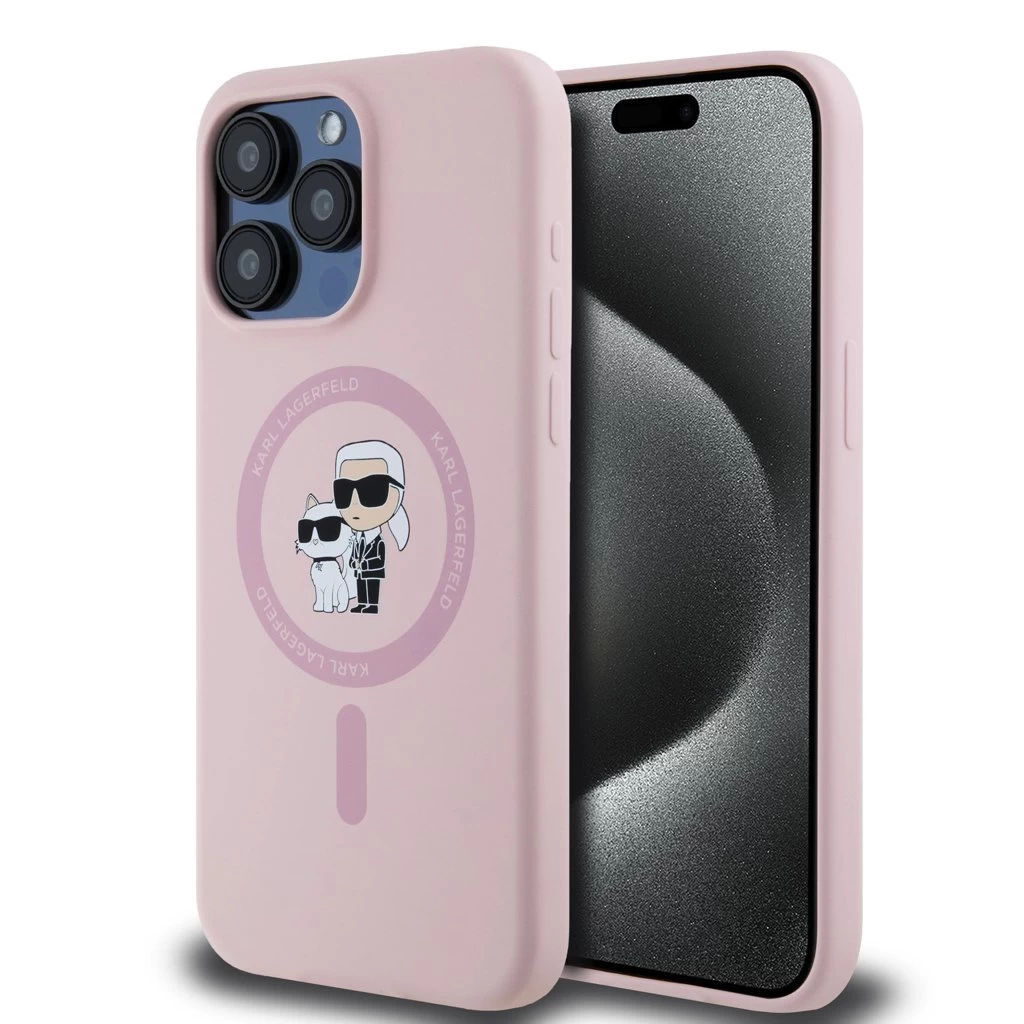 Karl Lagerfeld Liquid Silicone Karl and Choupette MagSafe tok iPhone 15 Pro Max készülékhez rózsaszín