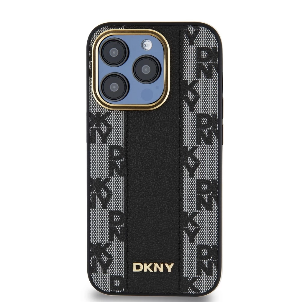 DKNY PU Leather Checkered Pattern Magsafe tok iPhone 15 Pro készülékhez fekete