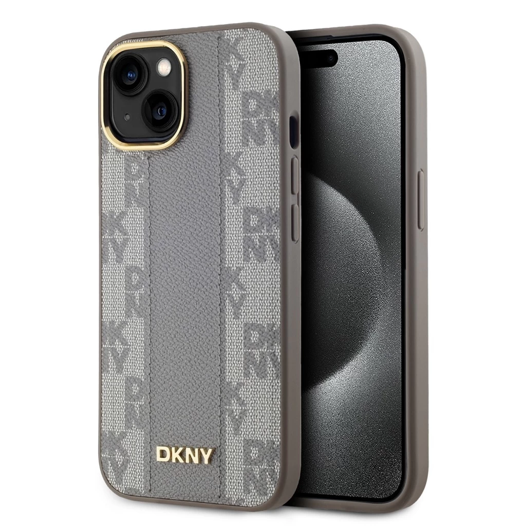 DKNY PU Leather Checkered Pattern Magsafe tok iPhone 15 készülékhez bézs