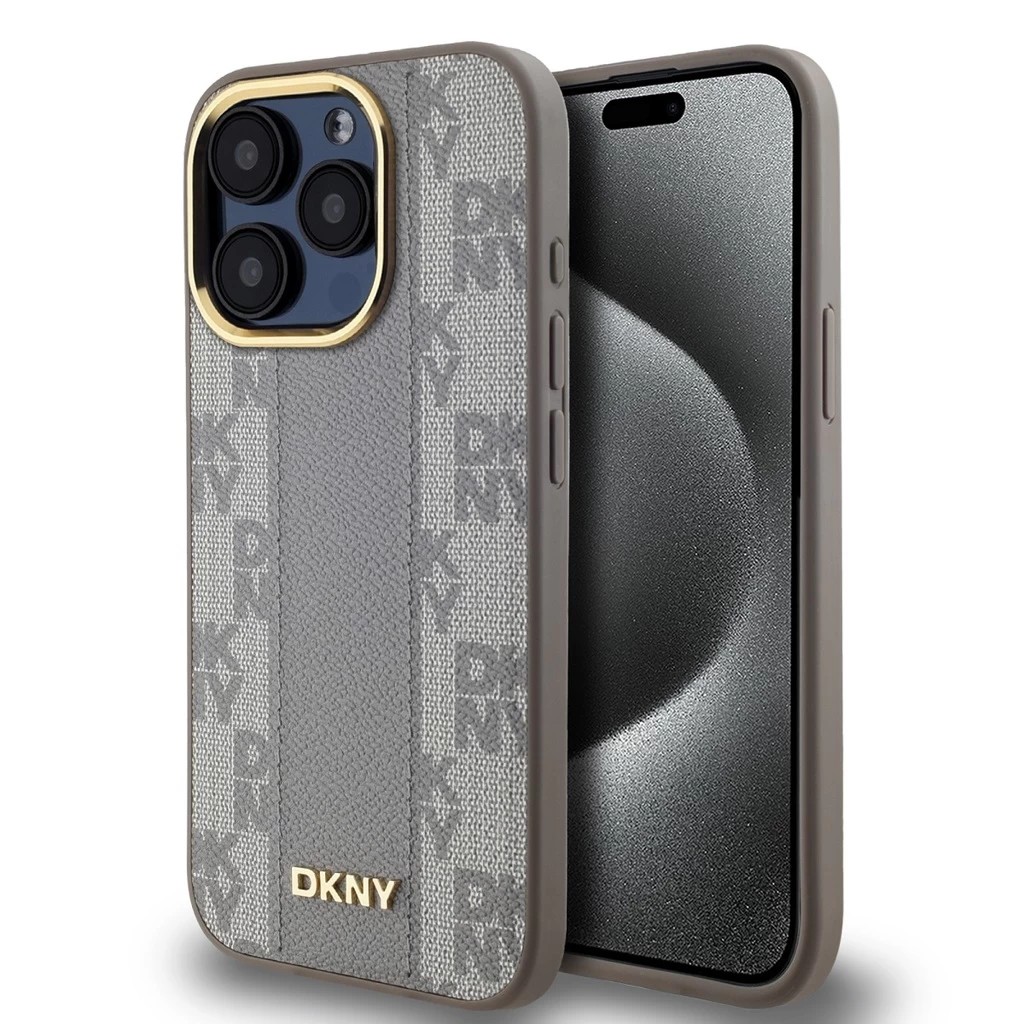 DKNY PU Leather Checkered Pattern Magsafe tok iPhone 15 Pro készülékhez bézs
