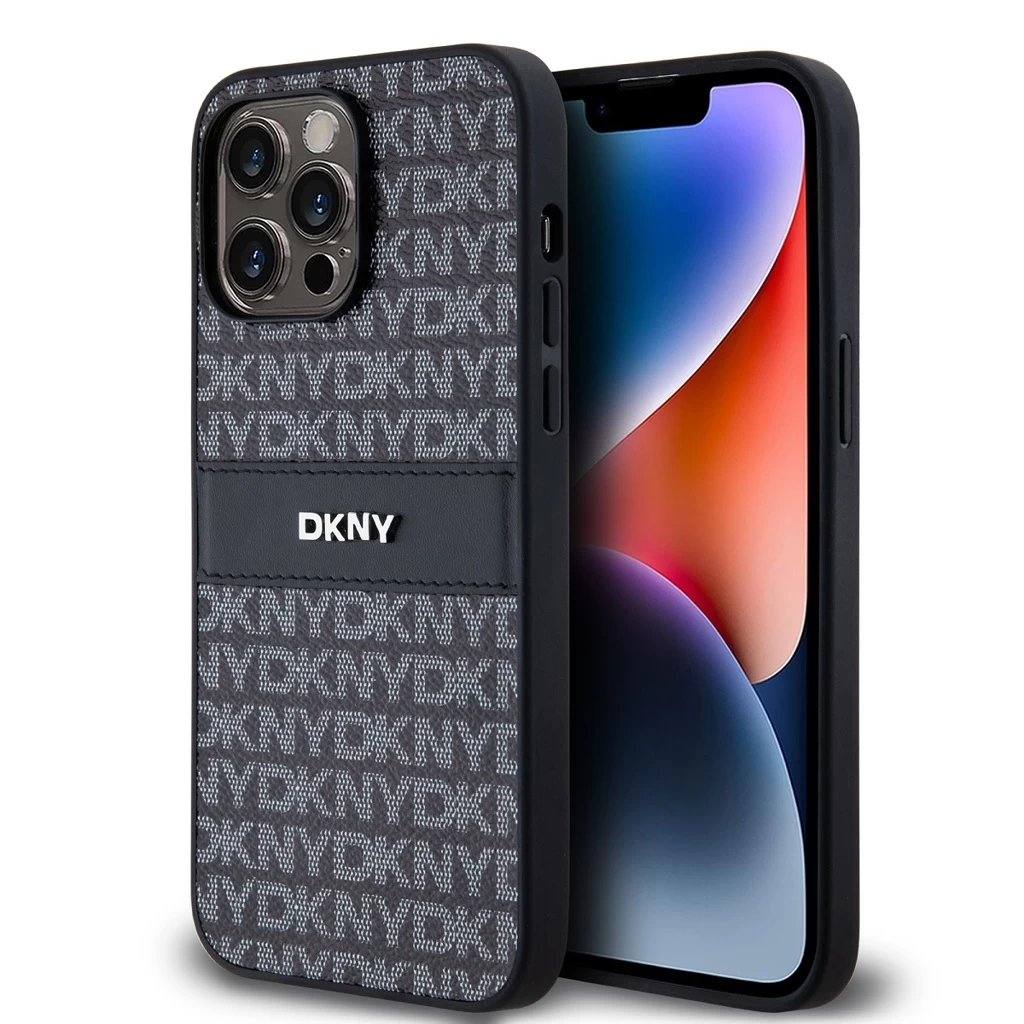DKNY PU Leather Repeat Pattern Tonal Stripe tok iPhone 14 Pro készülékhez fekete