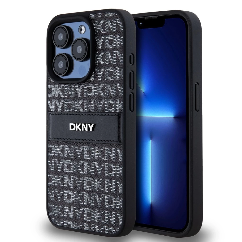 DKNY PU Leather Repeat Pattern Tonal Stripe tok iPhone 14 Pro Max készülékhez fekete
