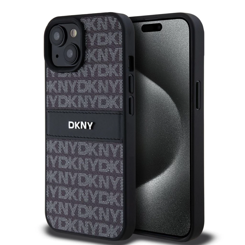 DKNY PU Leather Repeat Pattern Tonal Stripe tok iPhone 15 készülékhez fekete