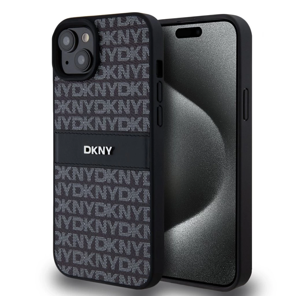 DKNY PU Leather Repeat Pattern Tonal Stripe tok iPhone 15 Plus készülékhez fekete DKNY PU Leather Repeat Pattern Tonal Stripe tok iPhone 15 Plus készülékhez fekete