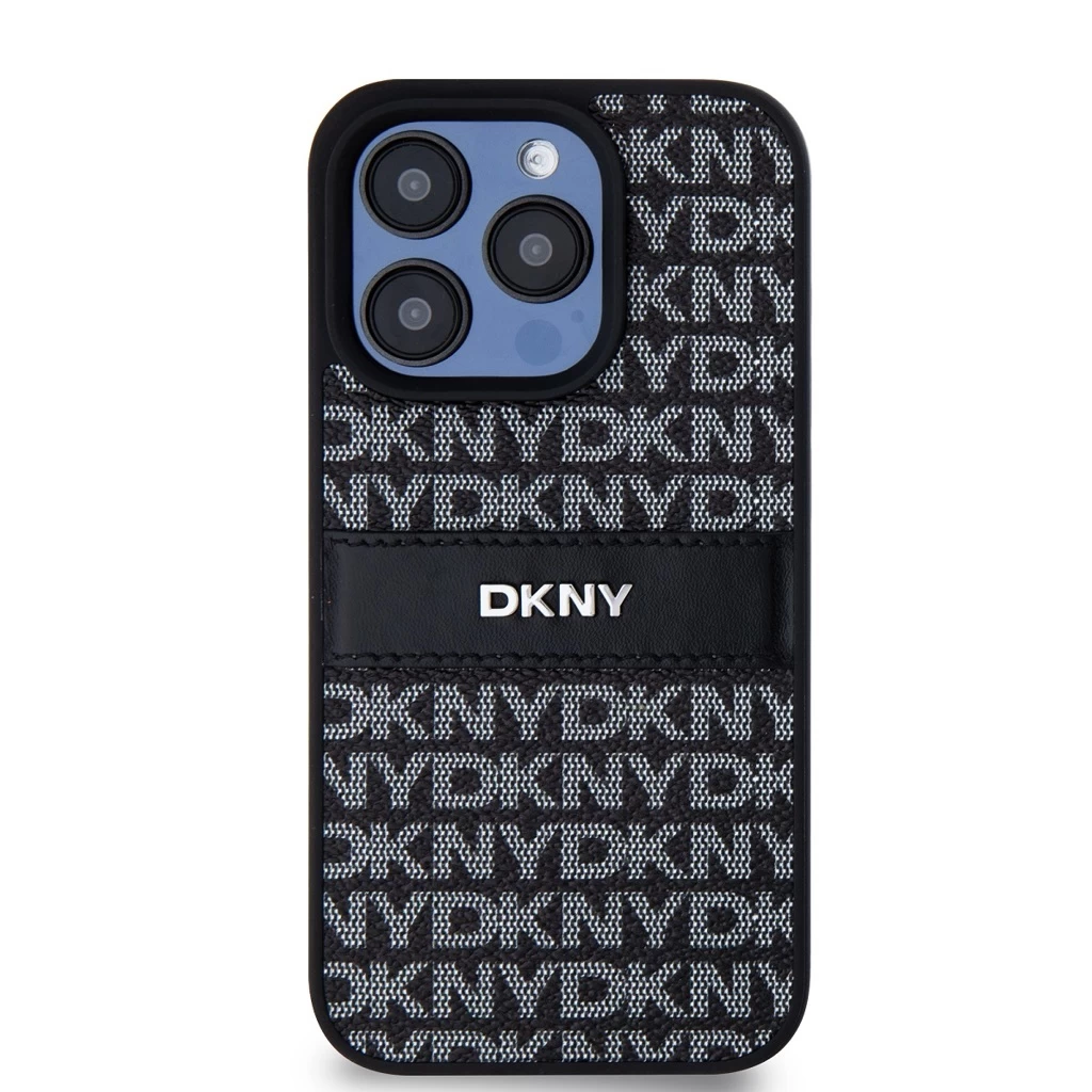 DKNY PU Leather Repeat Pattern Tonal Stripe tok iPhone 15 Pro Max készülékhez fekete