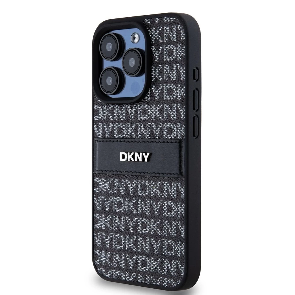 DKNY PU Leather Repeat Pattern Tonal Stripe tok iPhone 15 Pro Max készülékhez fekete