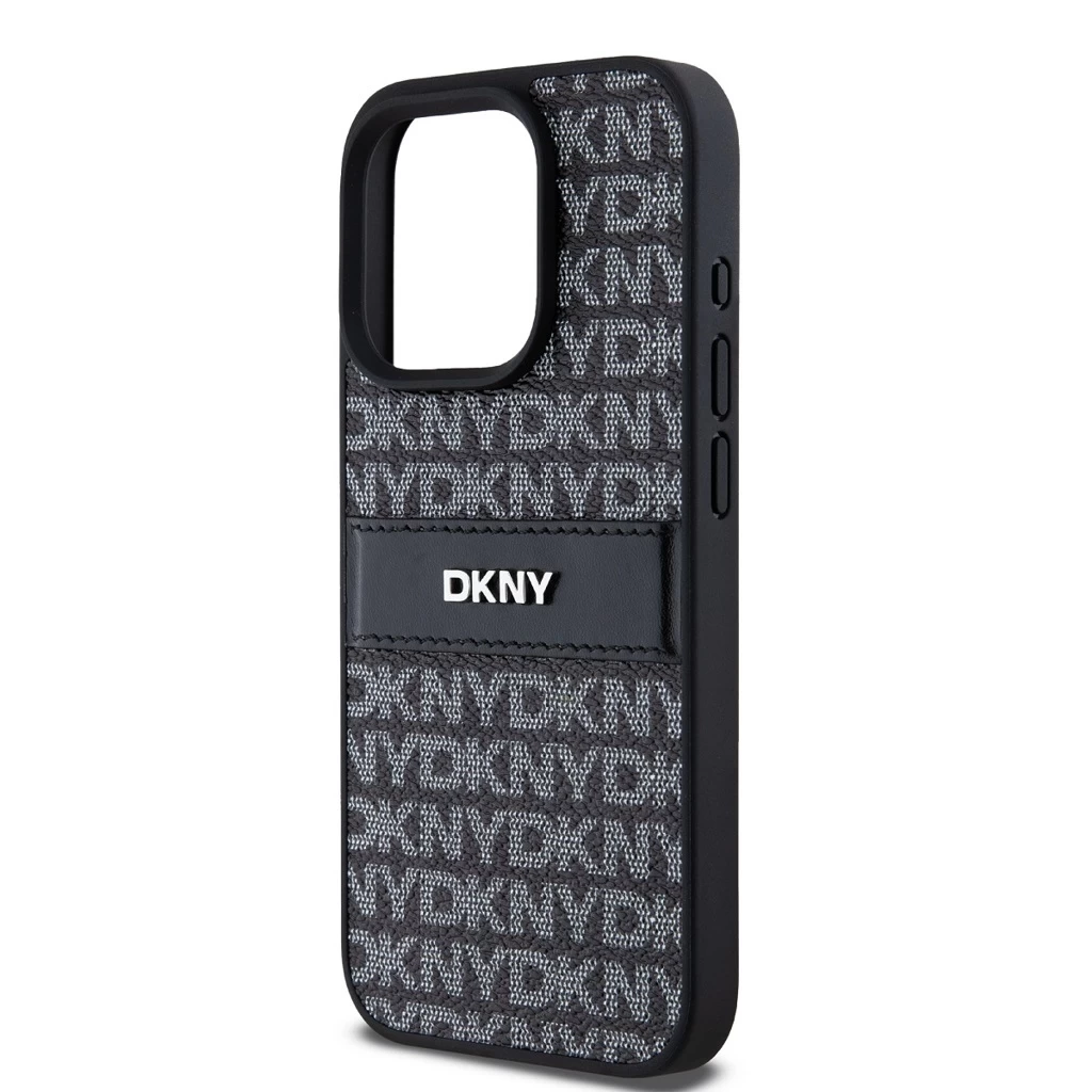 DKNY PU Leather Repeat Pattern Tonal Stripe tok iPhone 15 Pro Max készülékhez fekete
