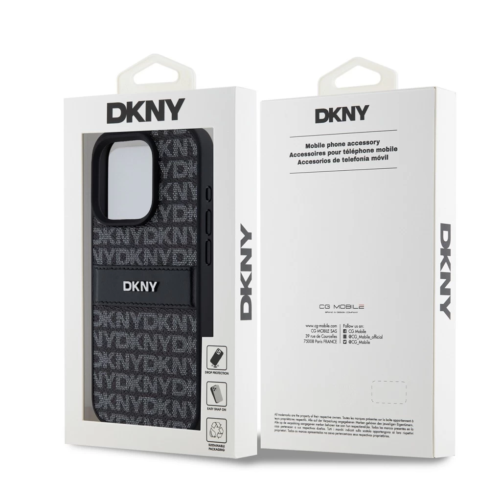 DKNY PU Leather Repeat Pattern Tonal Stripe tok iPhone 15 Pro Max készülékhez fekete