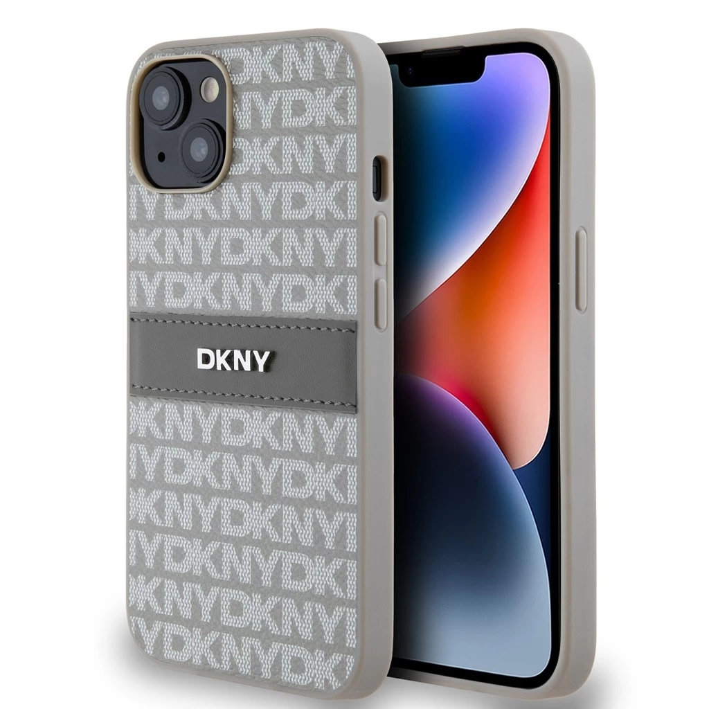 DKNY PU Leather Repeat Pattern Tonal Stripe tok iPhone 14 készülékhez bézs
