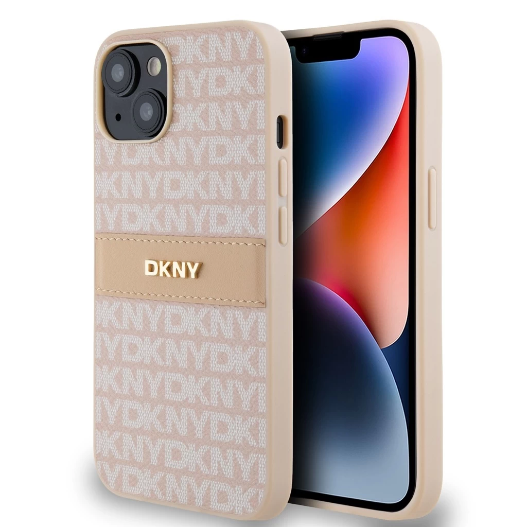 DKNY PU Leather Repeat Pattern Tonal Stripe tok iPhone 14 készülékhez rózsaszín