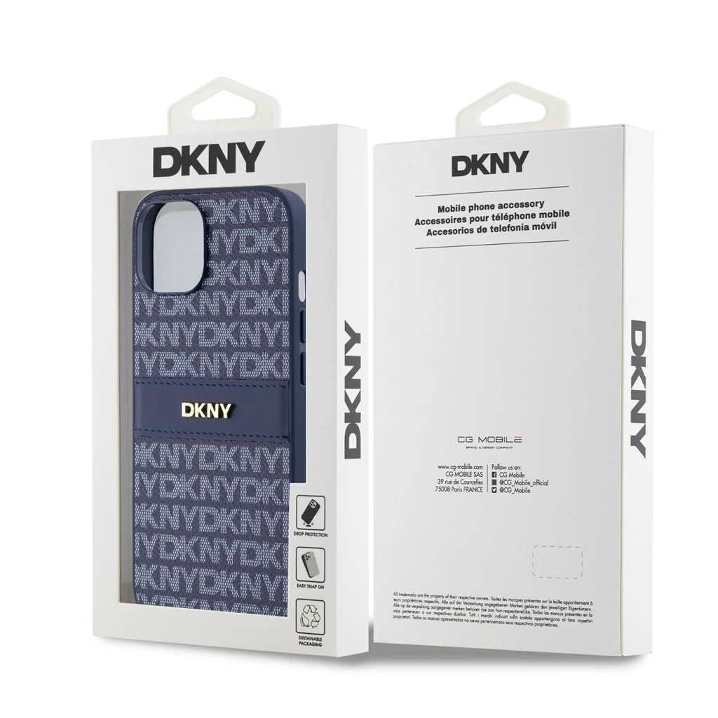 DKNY PU bőr Repeat Pattern Tonal Stripe tok iPhone 14 készülékhez kék