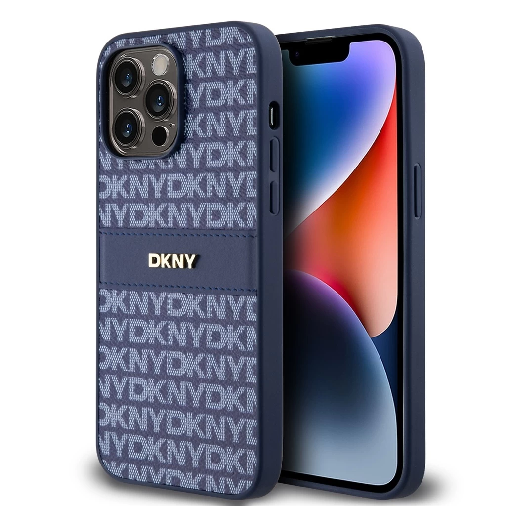 DKNY PU Leather Repeat Pattern Tonal Stripe tok iPhone 14 Pro készülékhez kék