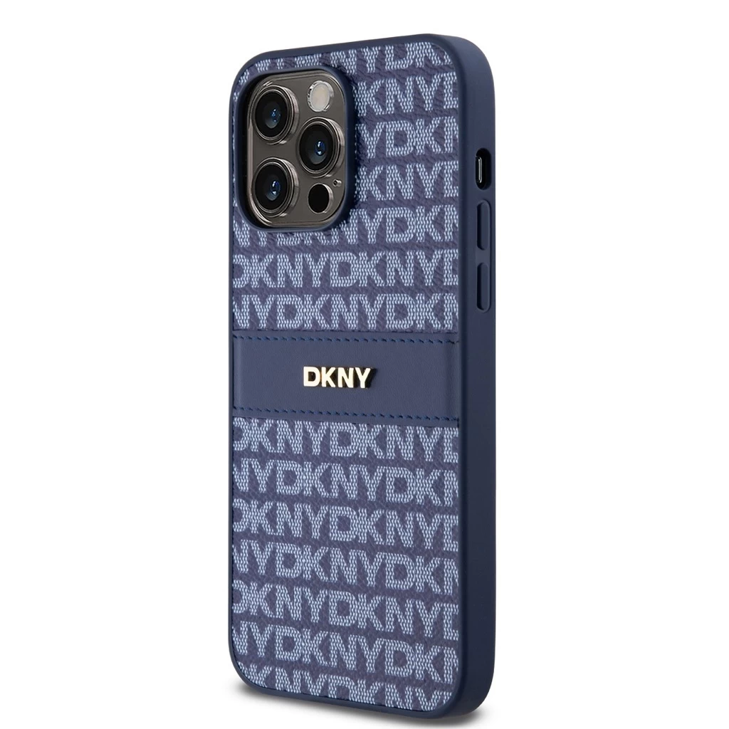 DKNY PU Leather Repeat Pattern Tonal Stripe tok iPhone 14 Pro készülékhez kék